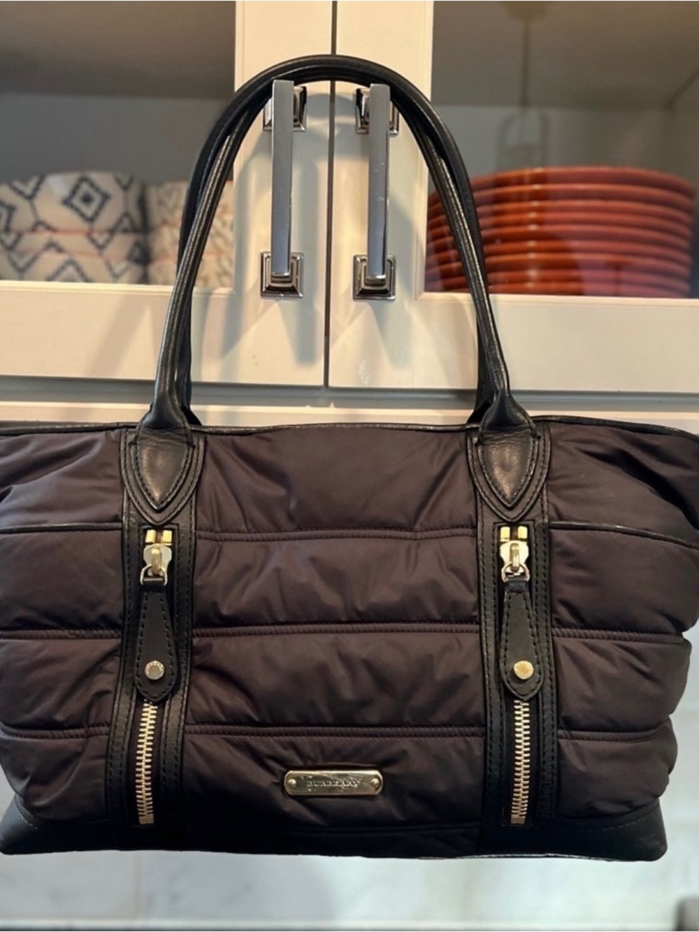 Burberry Black Quilted Shoulder baby bag Tote with Leather Trim